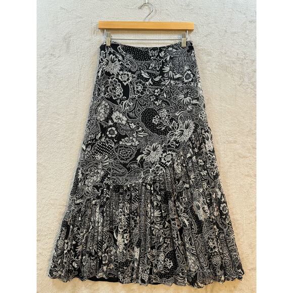 Boho Grunge Women’s 4 Silk Black White Floral Paisley Pleated A-Line Midi Skirt - Picture 1 of 6